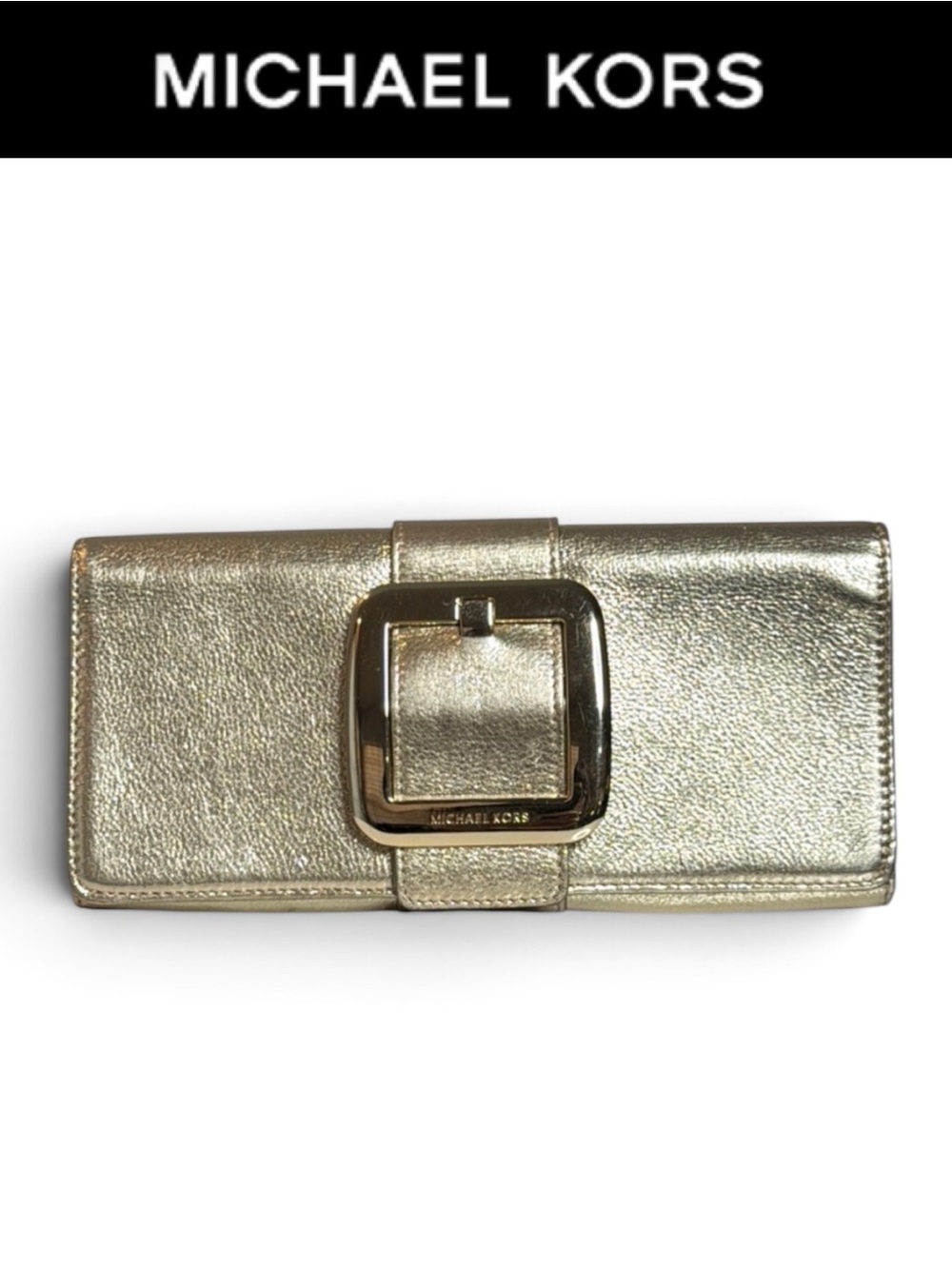 MICHAEL KORS GOLD METALLIC LEATHER BUCKLE CLUTCH EVENING BAG FOLD-OVER PURSE